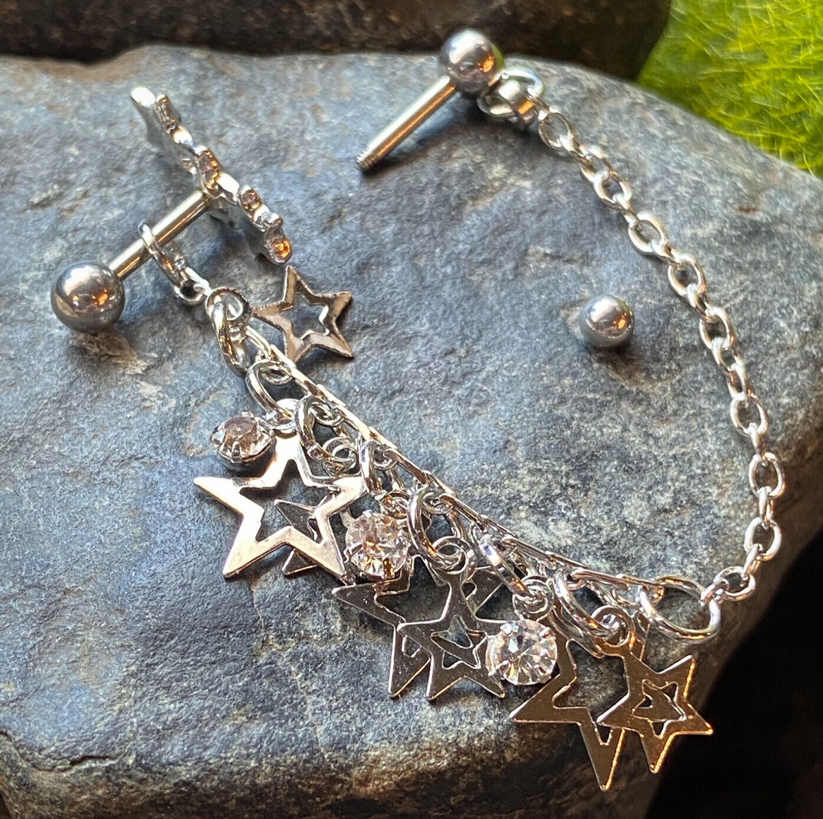 Triple Star Steel Chain Linked Stars Tragus Ring with Cartilage Helix Barbell