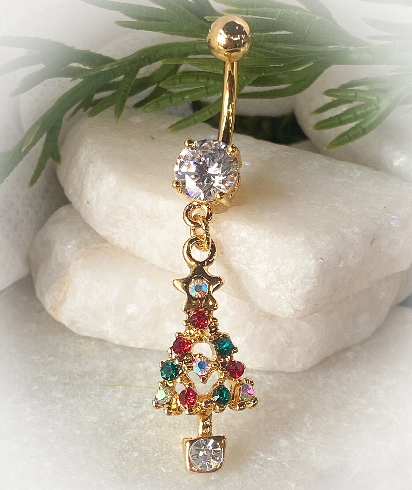 Christmas Dangle Belly Ring Pierced Navel Holiday Surgical Steel 14k Gold IP