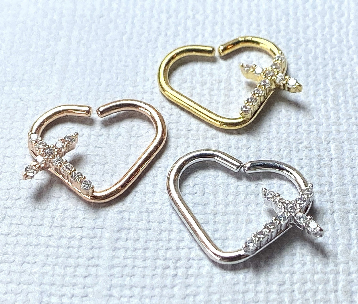 1pc Heart Bendable Ear Cartilage Daith Hoop Ring w/ Paved CZ Gem Cross