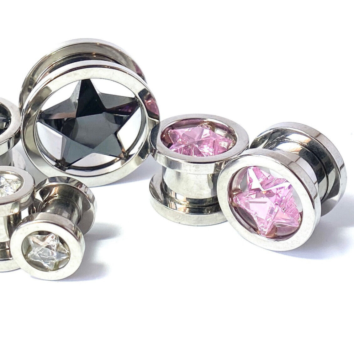 PAIR Star CZ Gem Screw Fit Tunnels Plugs Gauges Earlets Body Jewelry Piercing