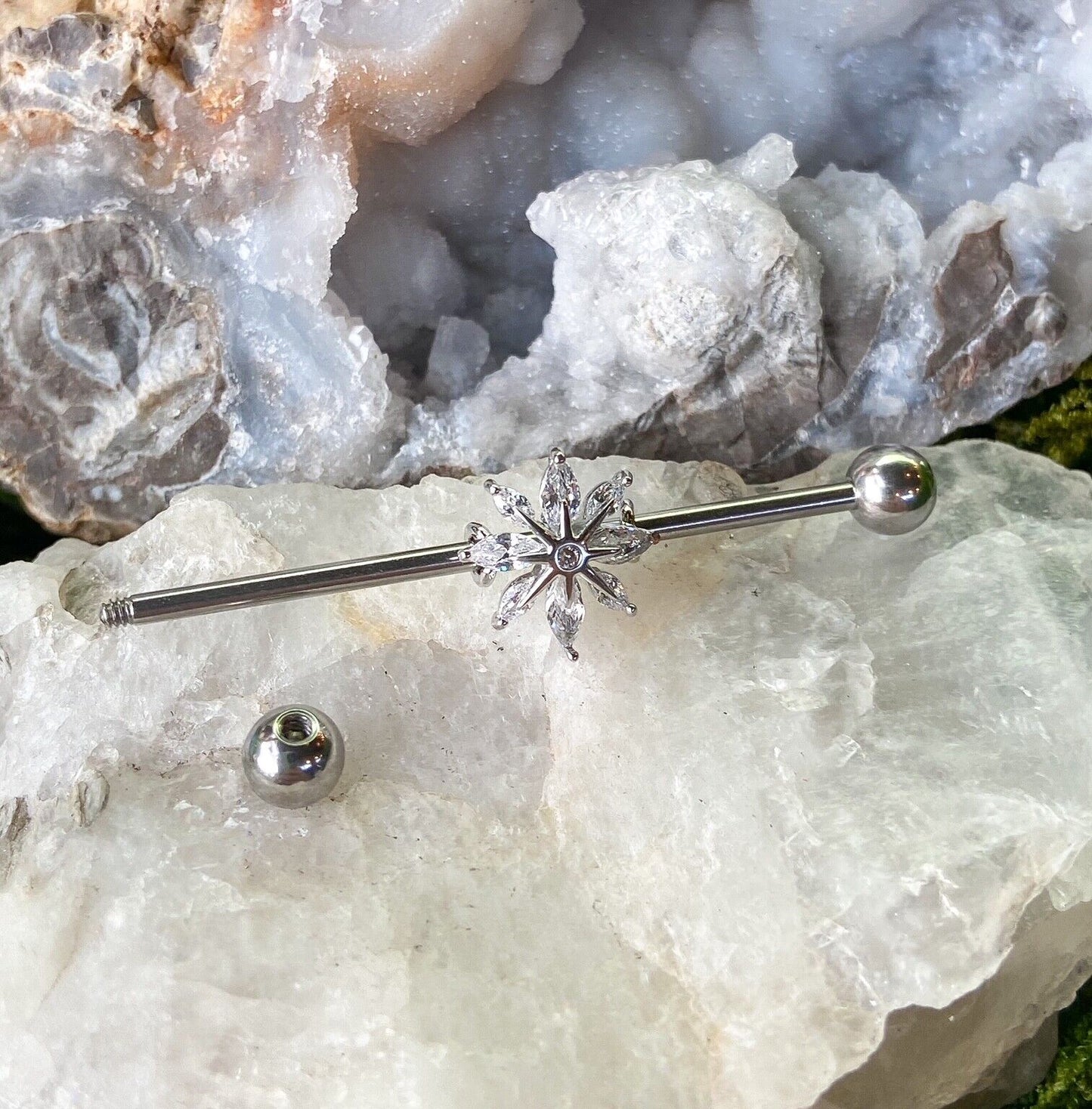 1pc Marquise CZ Gem Snowflake Industrial Barbell 38mm, 1.5", 1 & 1/2 inch inches