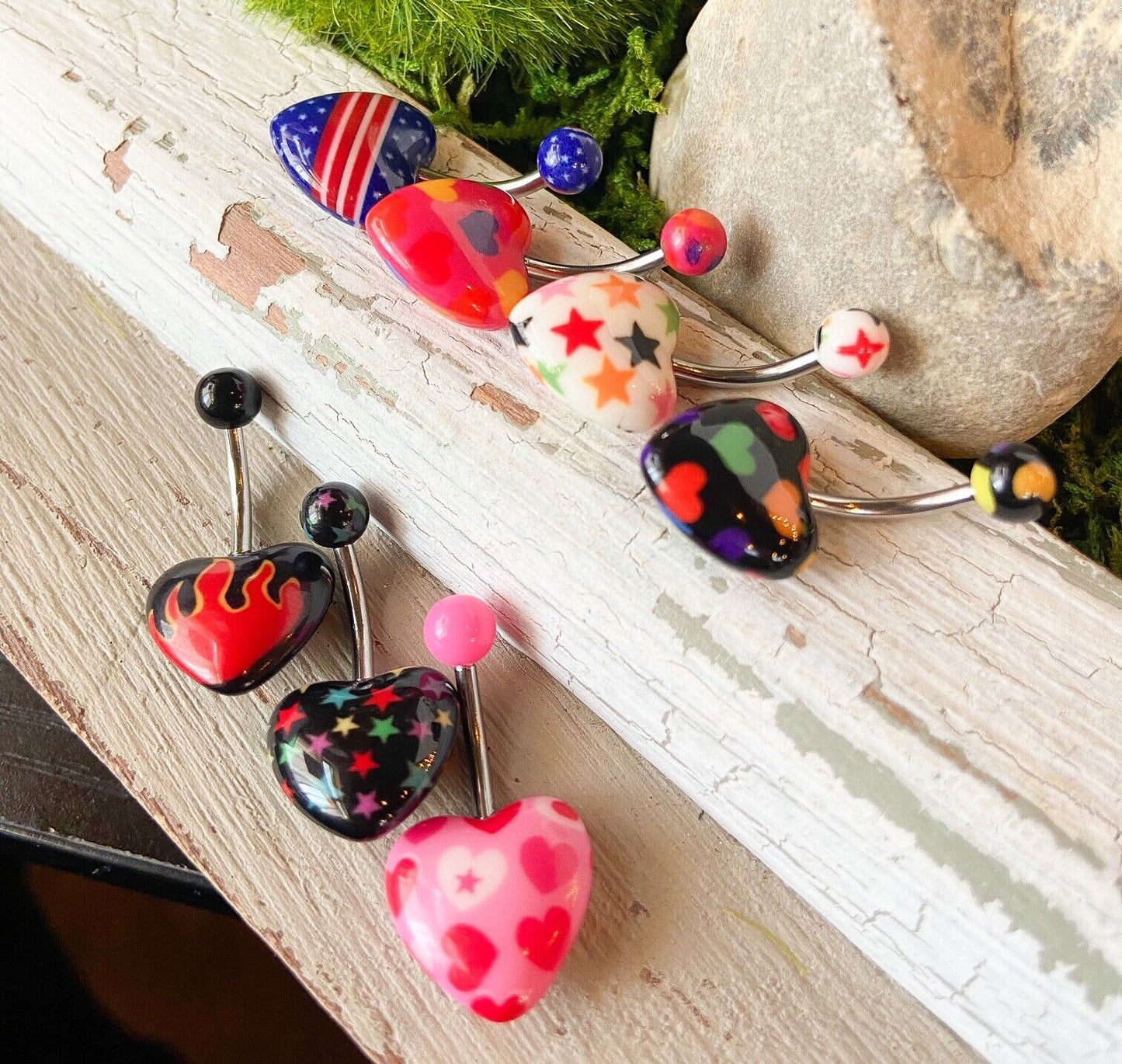 Acrylic Heart Belly Ring Navel Naval Print Black,White, Pink, Blue Stars Cherry