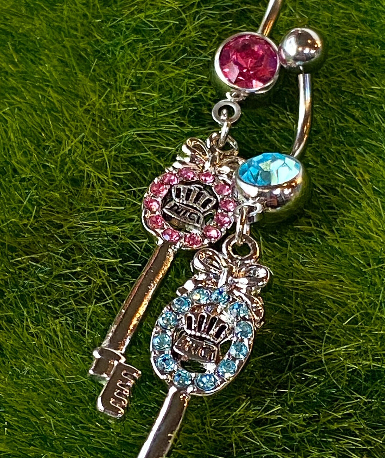 Juicy Key Dangle CZ Gem Belly Ring Navel Naval Clear, Pink, Aqua