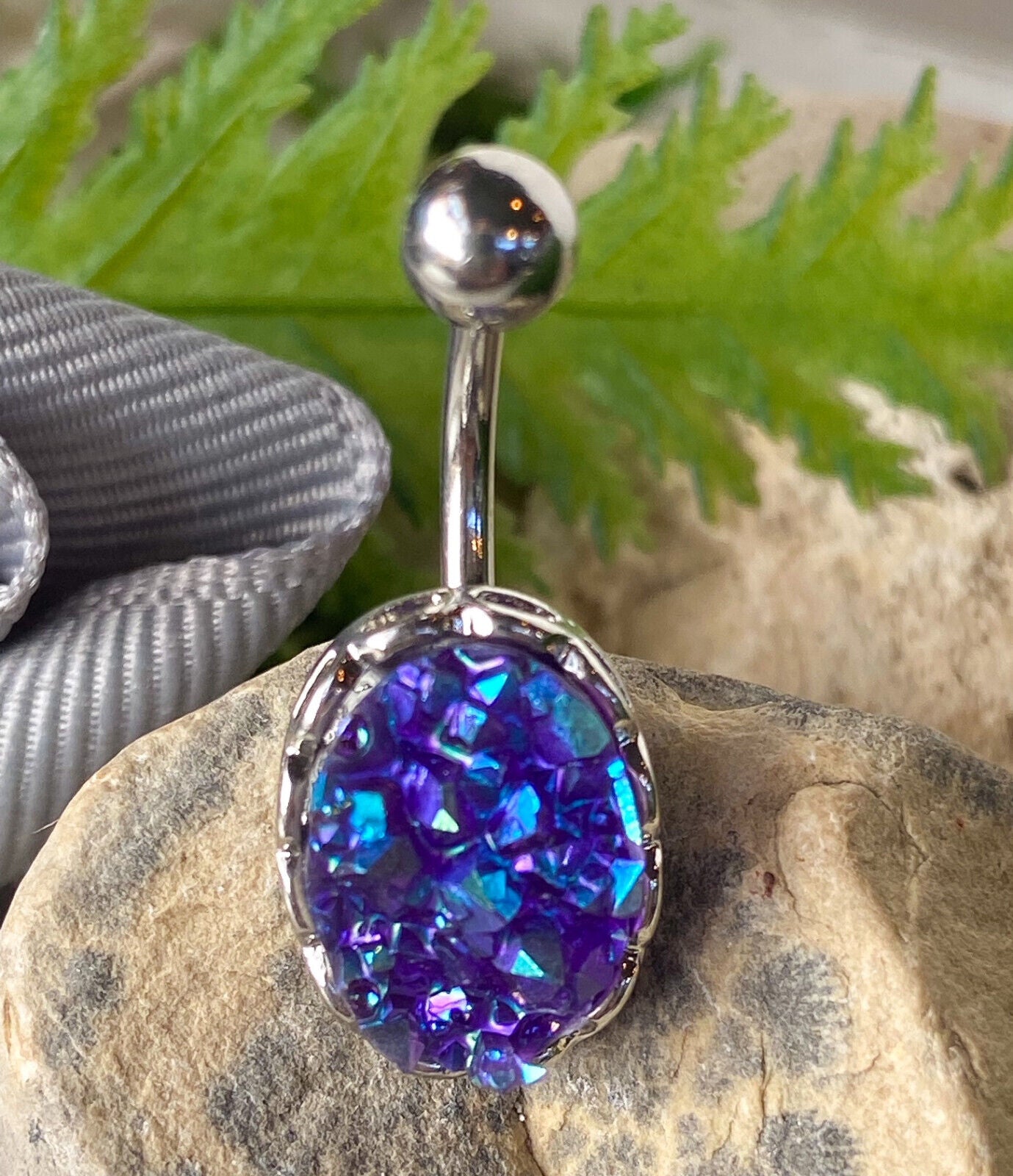 Rough Cut Druzy Stone Iridescent Navel Ring Naval Belly Button Body Jewelry