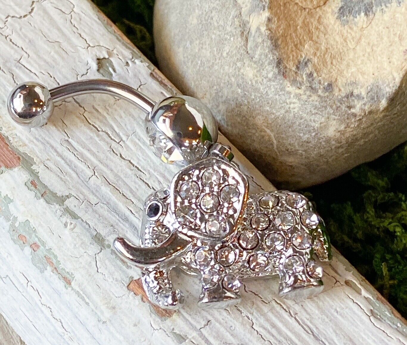 Elephant Dangle Belly Ring Paved CZ Gems Pierced Navel Naval Tusk 14g