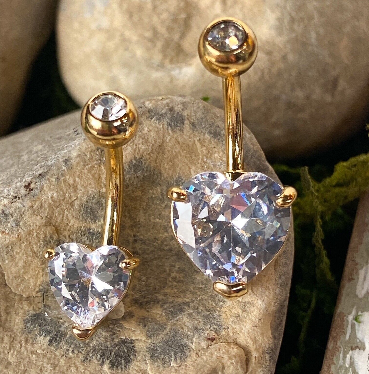 1pc Double Gemmed Heart CZ Gem Prong Set Solitaire Belly Ring Navel Naval