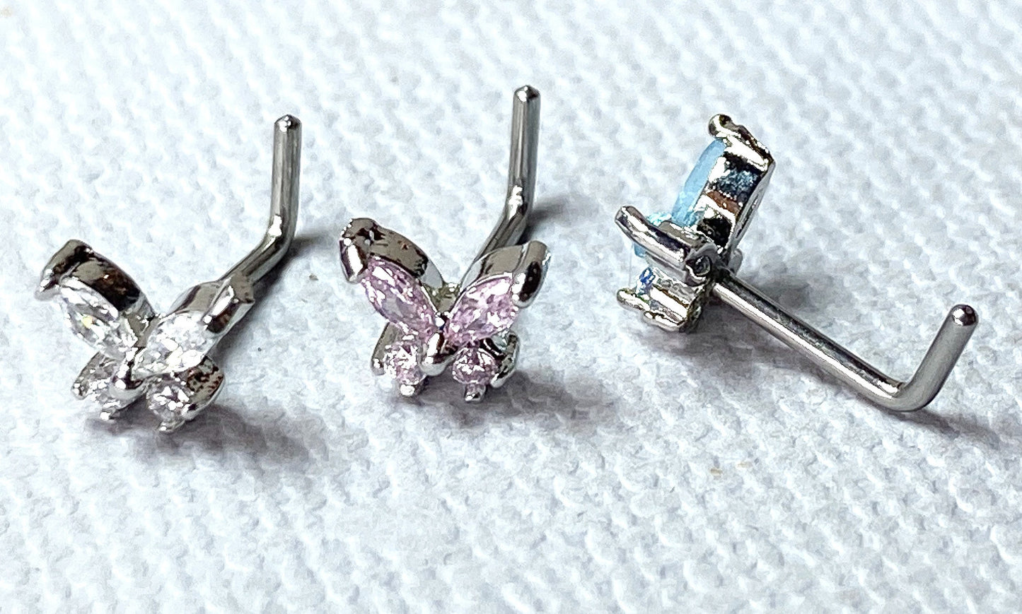 3pc Value Pack L-Bend CZ Gem Butterfly 20g Surgical Steel Nose Rings