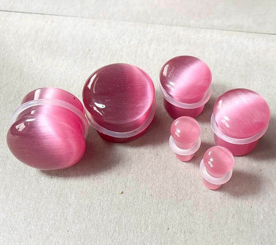 PAIR Pink Cat Eye Stone Plugs Single Flare Tunnels Earlets Gauges Body Jewelry