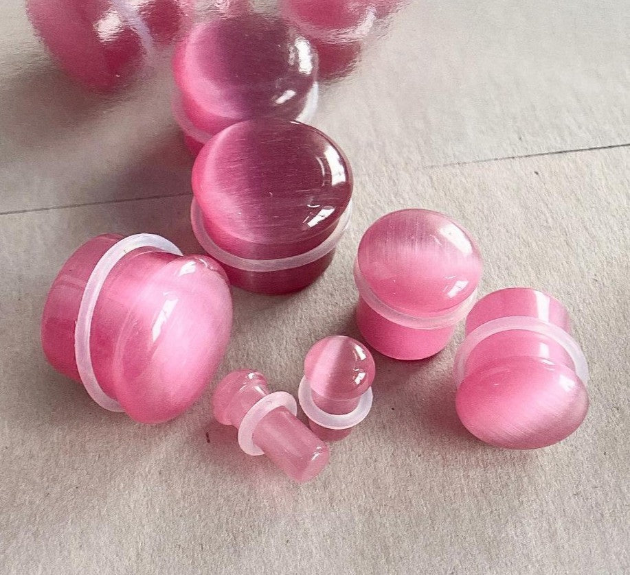PAIR Pink Cat Eye Stone Plugs Single Flare Tunnels Earlets Gauges Body Jewelry