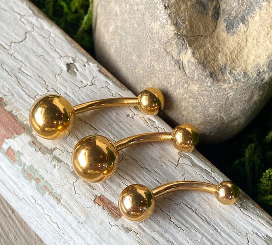 Simple Gold IP Double Ball Belly Ring Pierced Navel Naval Curved Barbell