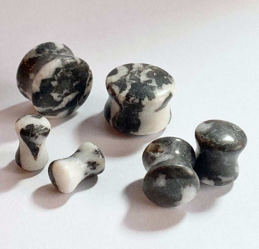 PAIR Natural Zebra Jasper Stone Double Flare Plugs Tunnels Earlet Organic Gauges
