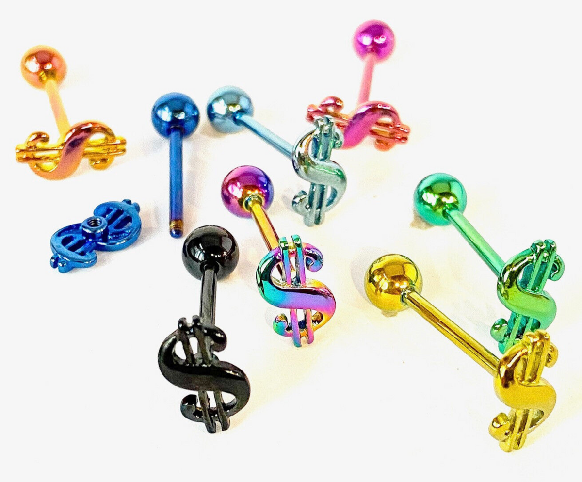 1pc Money $ Dollar Sign Design Tongue Ring Titanium Anodized 14g Tounge Barbell