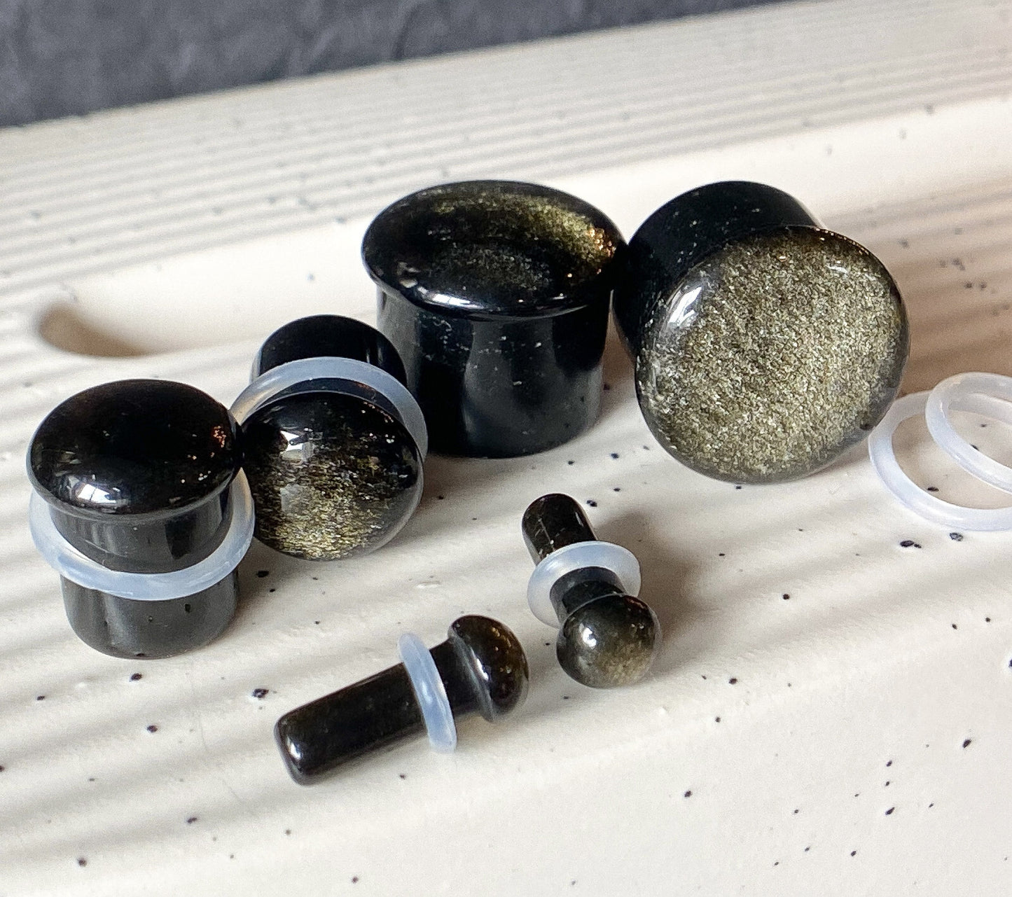 PAIR Golden Obsidian Stone Single Flare Plugs Organic Gauges Body Jewelry