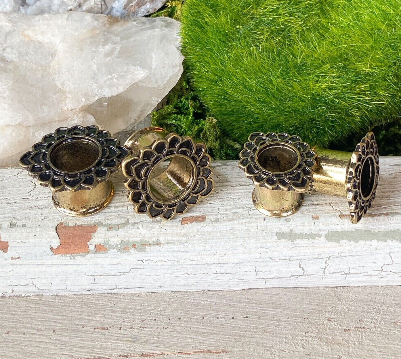 PAIR Antique Gold IP Tribal Flower Tunnels Plugs Earlets Gauges Body Jewelry