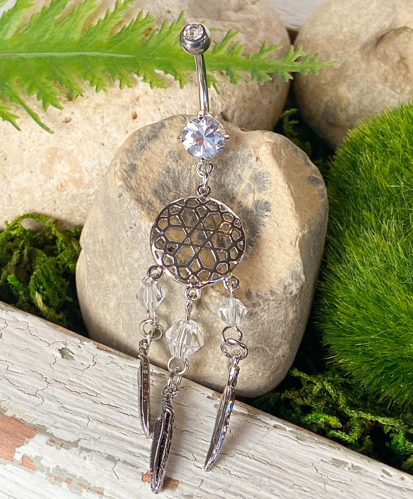 Dream Catcher Beaded Feather CZ Gem Belly Ring Pierced Navel Clear, Pink, Aqua