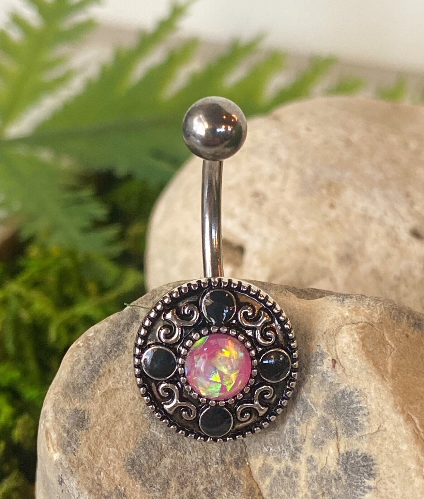 Vintage Shield Opal Center Belly Button Ring Navel Naval Body Piercing Jewelry