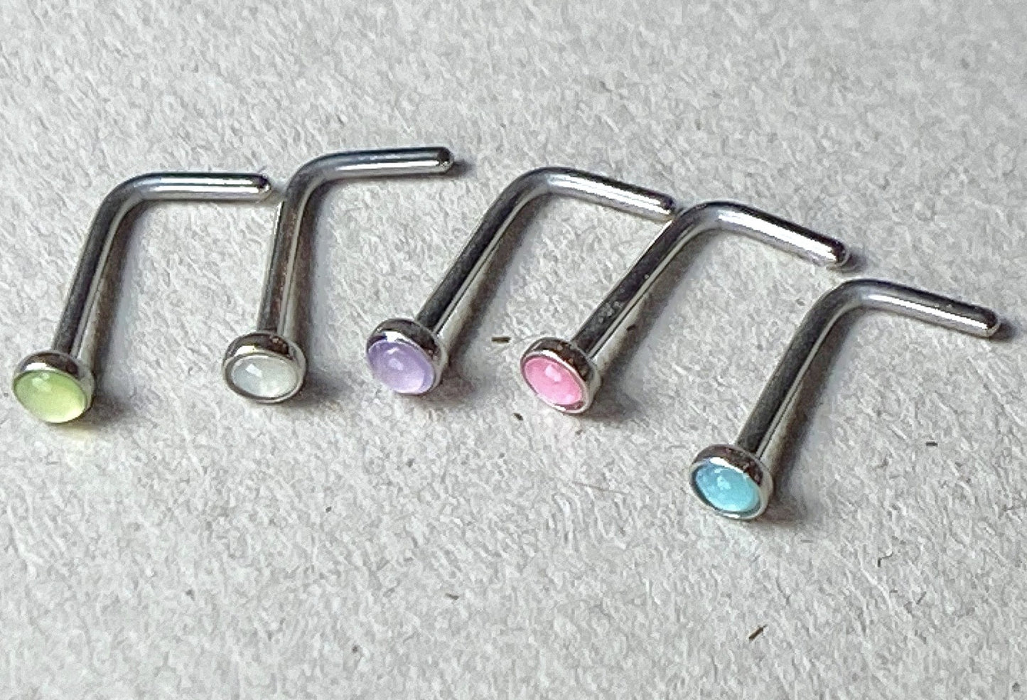 5pcs Illuminating Stone L-Bend 20g Nose Rings Surgical Steel Multi-Pack