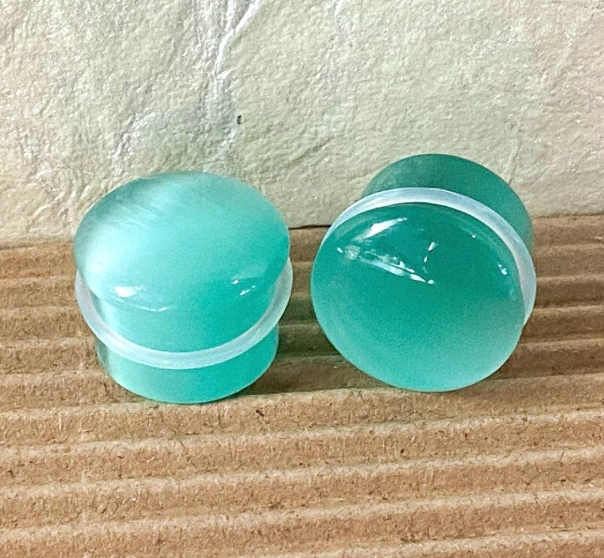 PAIR Seafoam Cat Eye Stone Plugs Single Flare Tunnels Earlet Gauges Body Jewelry