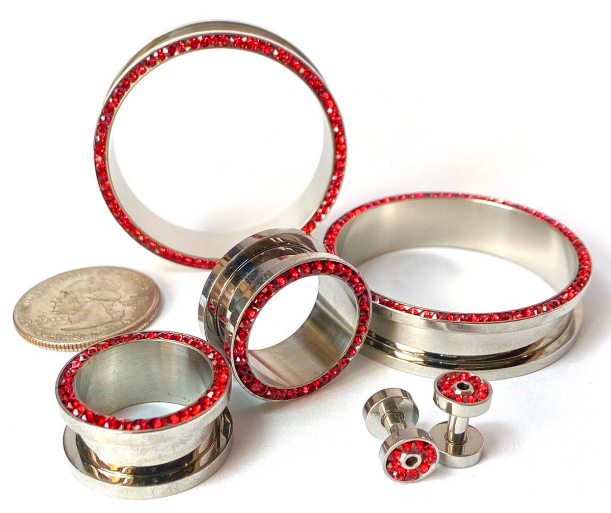 PAIR Red CZ Gem Rimmed 316L Surgical Steel Screw Fit Tunnels Plugs Gauges