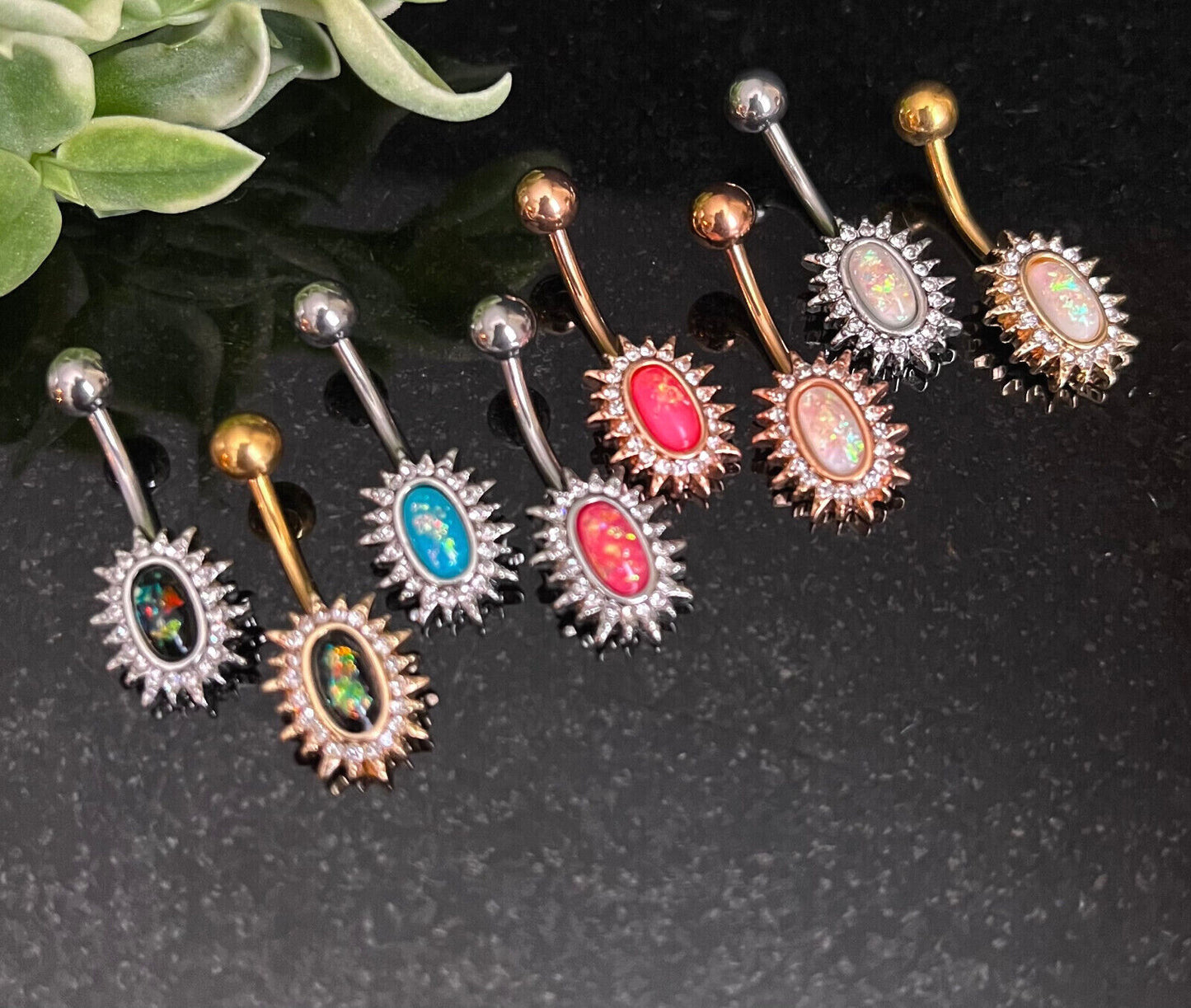 Crystal Paved Oval Sunburst Belly Ring Opal Glitter Center Naval Piercing Navel