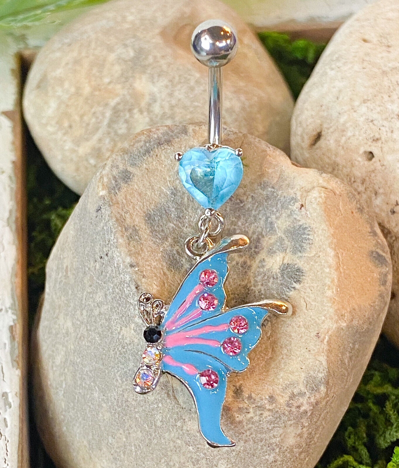 Butterfly Epoxy CZ Gem Belly Ring Navel Naval Clear/White, Pink, Aqua