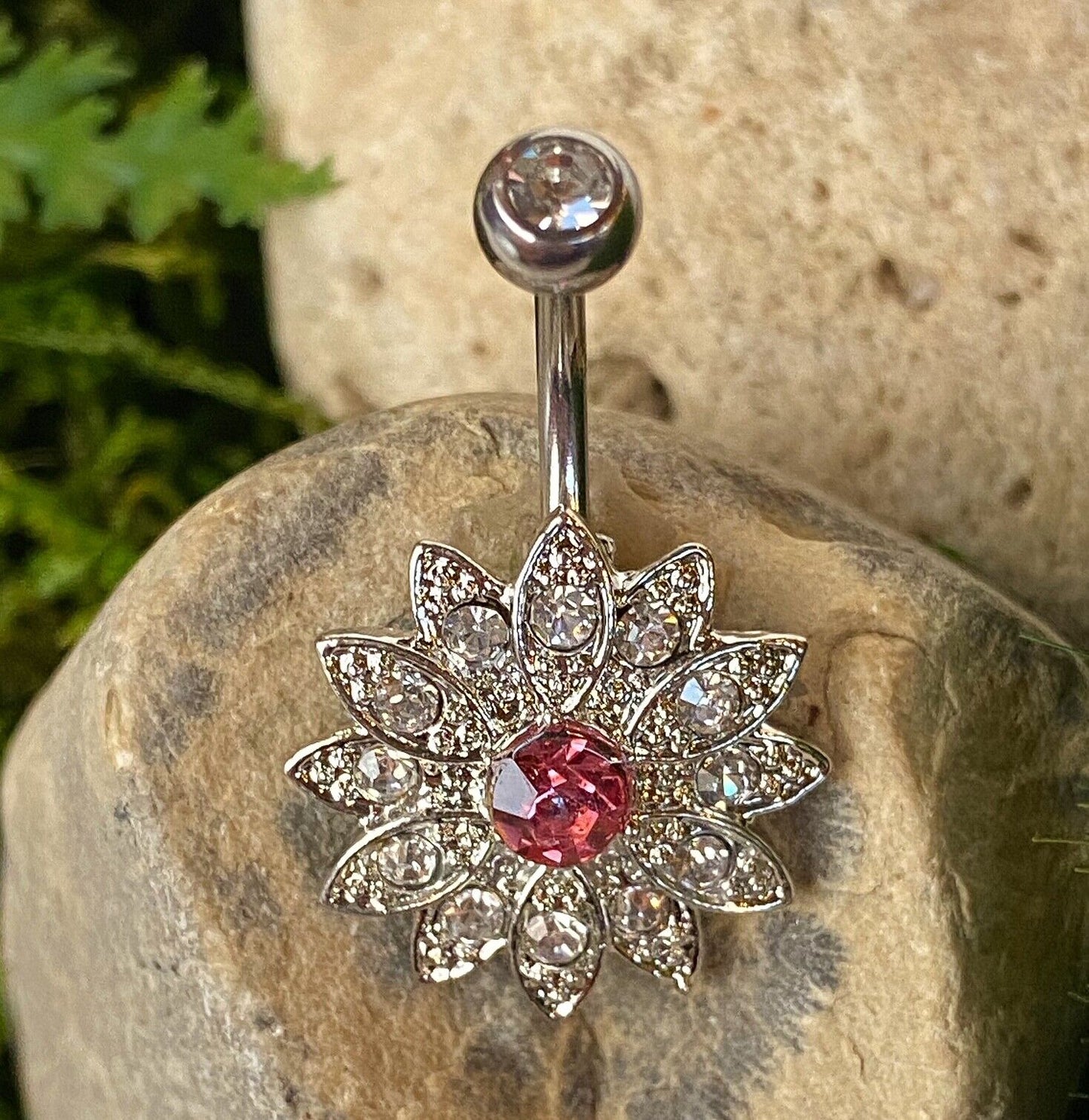 Flower w/ Center Crystal Paved Petals Belly Button Ring Pierced Navel