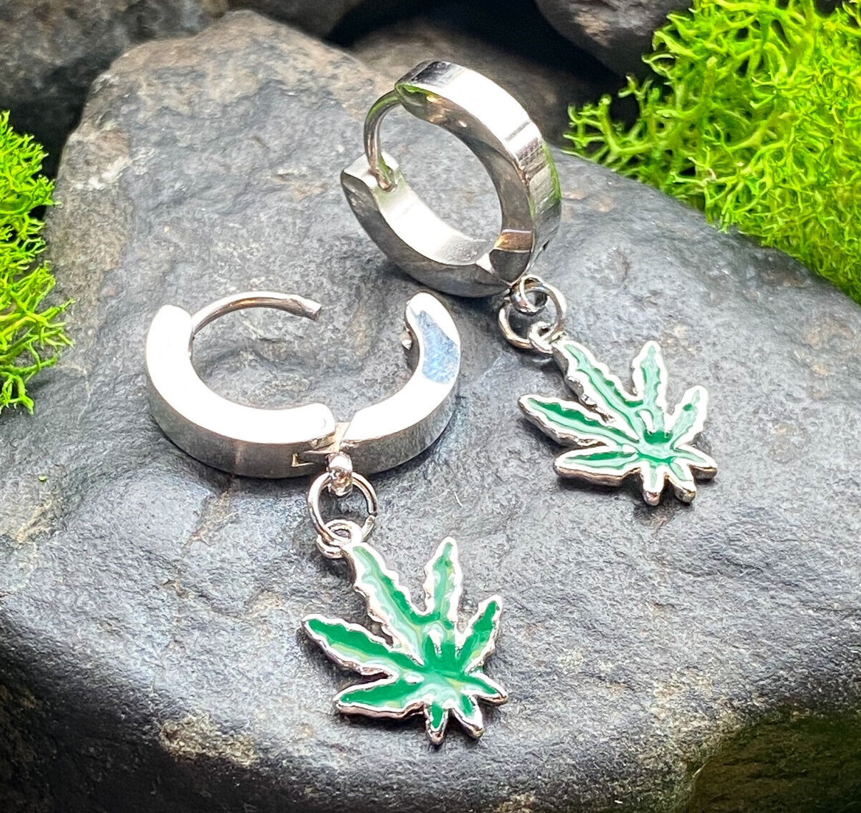 PAIR of Pot Leaf Dangle Hinged Hoop Earrings Huggies Marijuana 18g Steel 