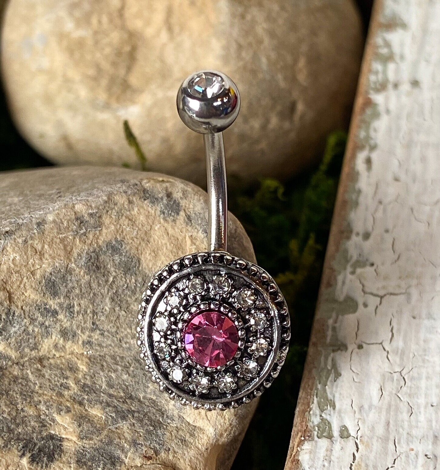 Vintage Shield CZ Gem Belly Ring Pierced Navel 14g Aurora Borealis, Pink, Aqua