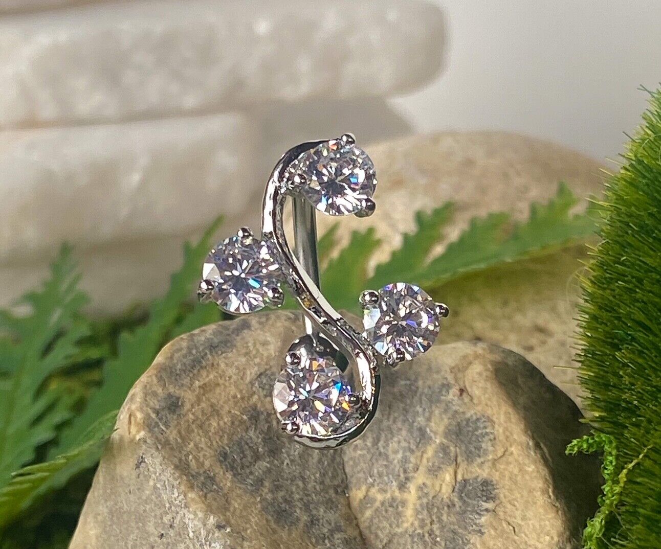 Reverse Vine CZ Gem Belly Ring Navel Top Down Naval Body Jewelry