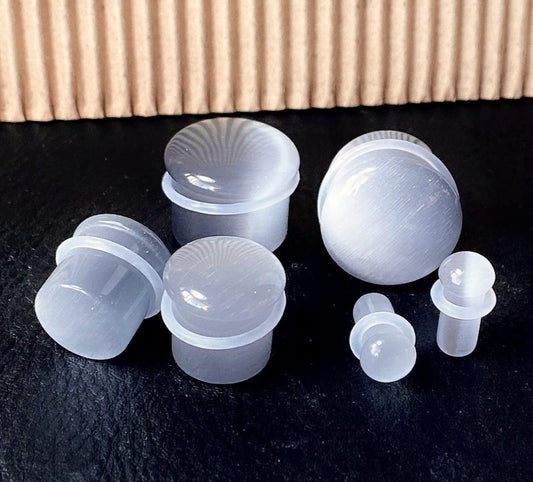 PAIR Gray Cat Eye Stone Plugs Single Flare Tunnels Earlets Gauges Body Jewelry