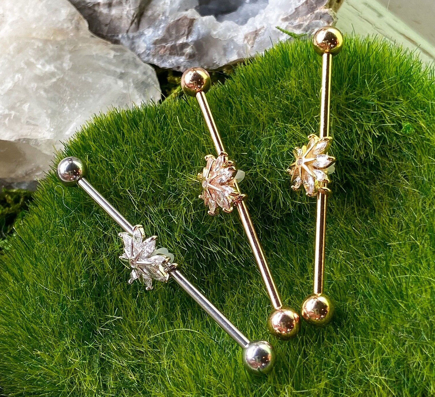 1pc Marquise CZ Gem Snowflake Industrial Barbell 38mm, 1.5", 1 & 1/2 inch inches