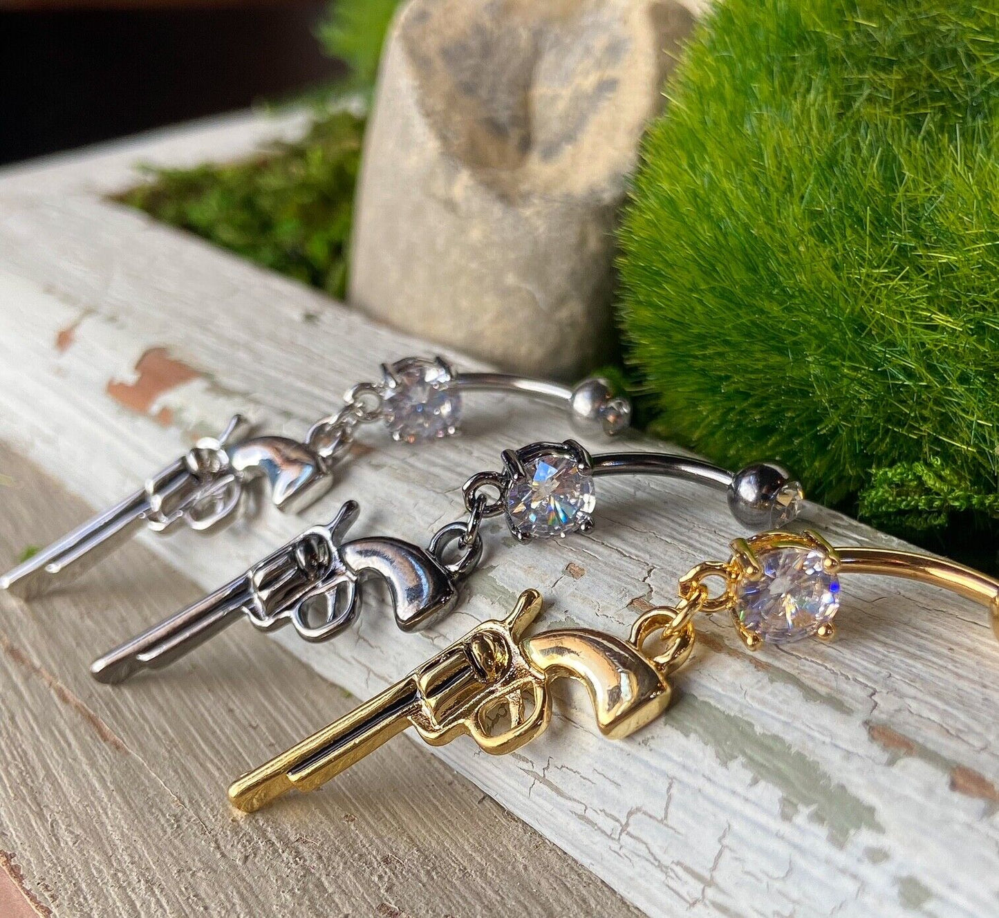 Gun Dangle Belly Ring CZ Gem Pierced Navel Stainless Steel, IP Gold, Hematite