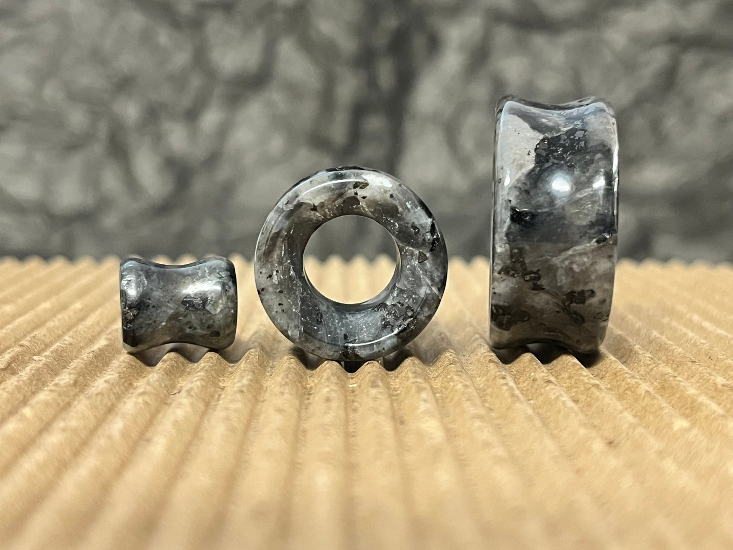 PAIR Black Labradorite Stone Double Flare Tunnels Plugs Gauges Body Jewelry