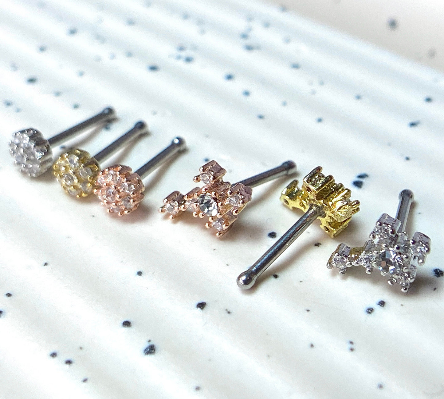 6pcs Cross & Circle Flower CZ Gem Nose Stud Bone Rings 20g Steel Box Value Pack