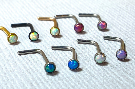 1pc Opal Set L-Bend Nose Ring 316L Surgical Steel Body Jewelry