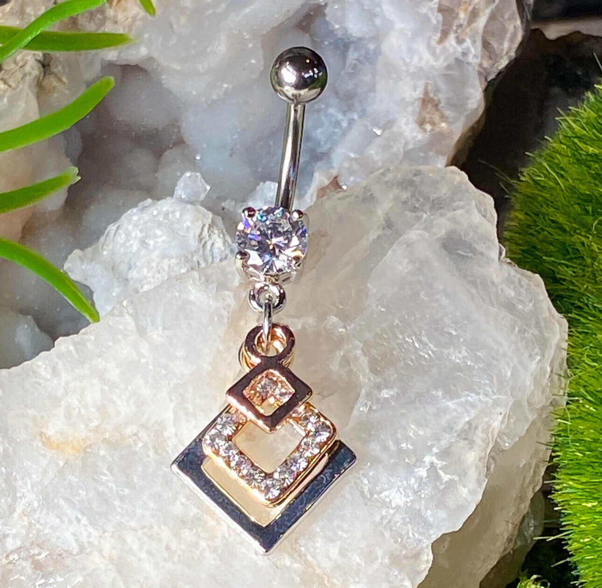  3 Tone CZ Clear Gem Dangle Belly Ring Navel (w169)