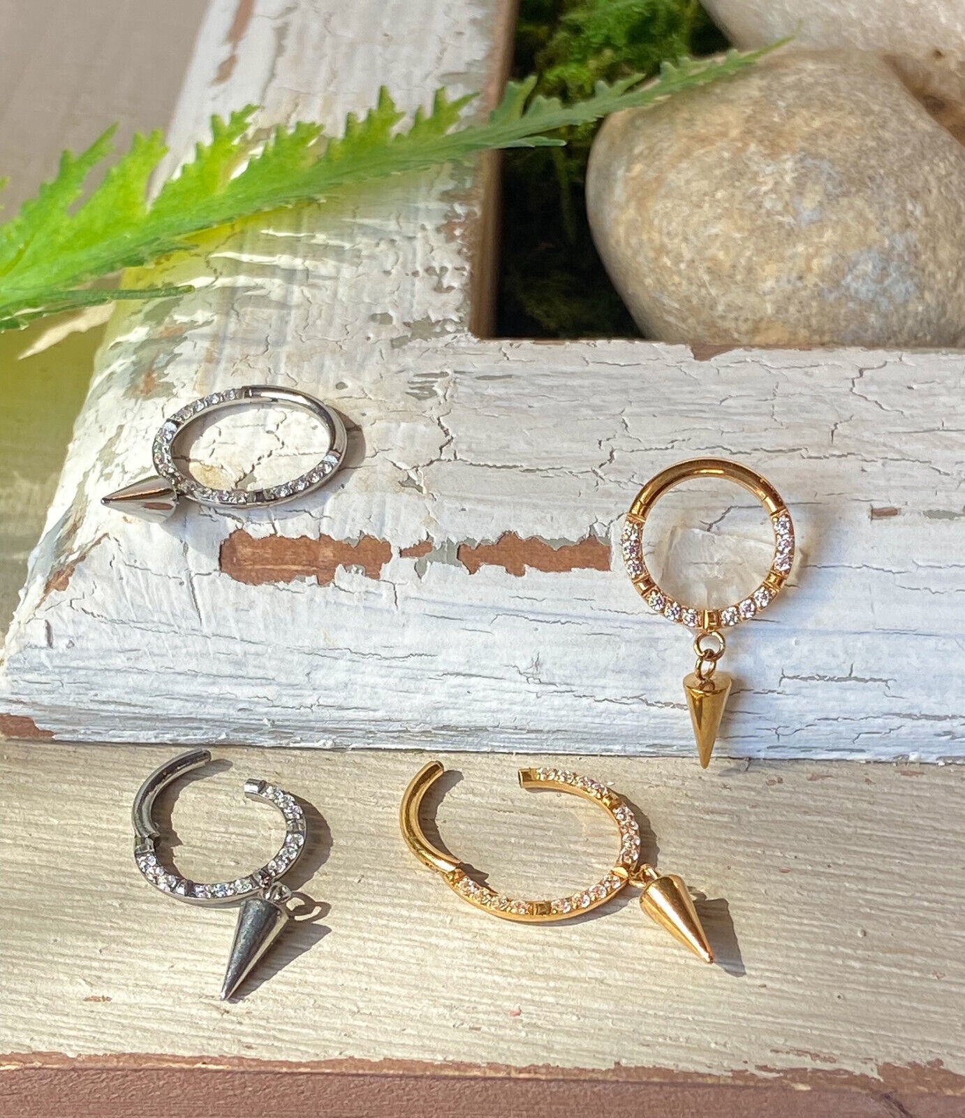 1pc Spike Dangle CNC Set Gems Hinged Segment Ring Hoop Helix Septum Titanium