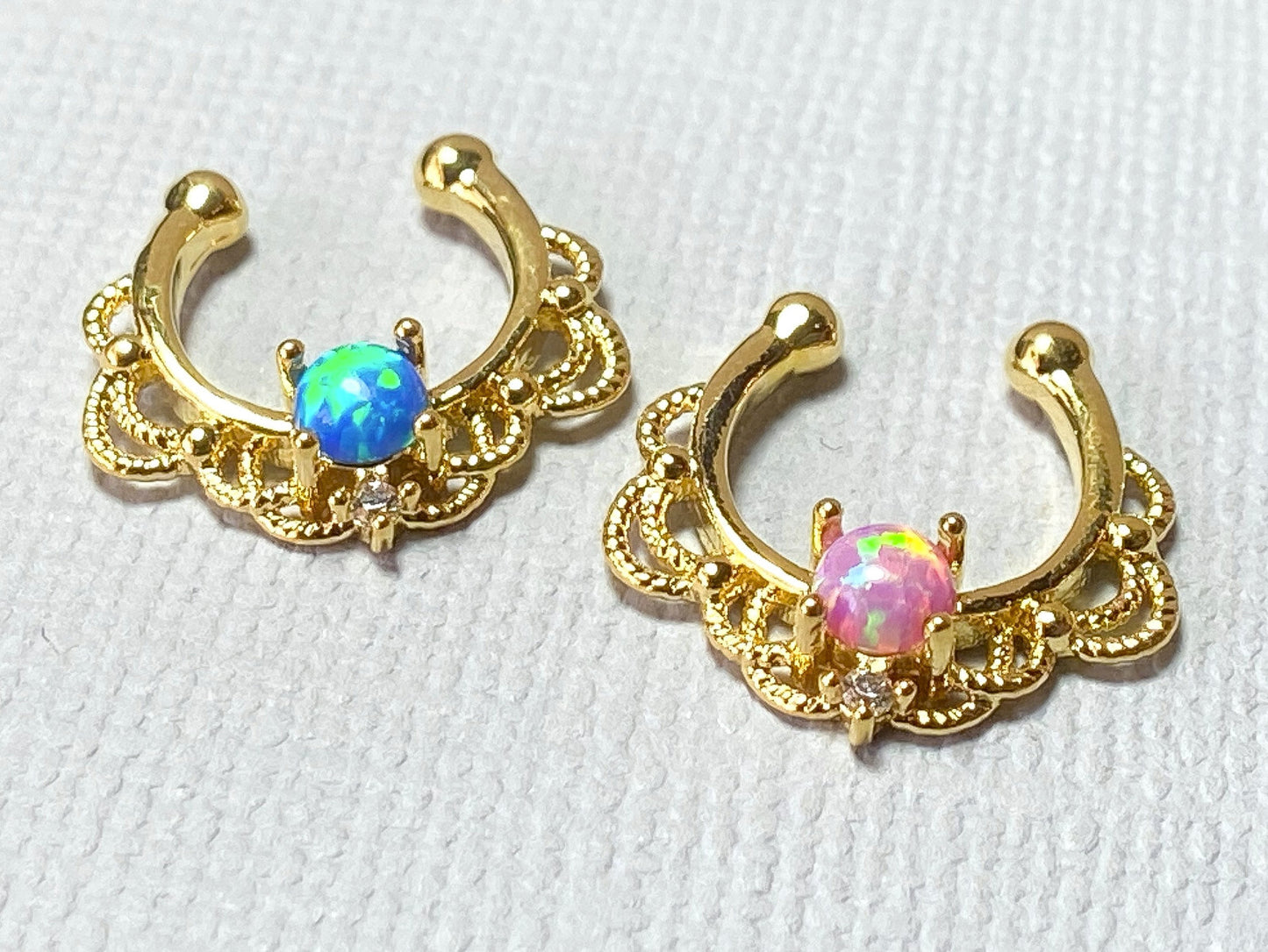 1pc NON-Pierced 14k Gold Plated Lacey Single Opal Septum Fake Clip-on Nose Ring