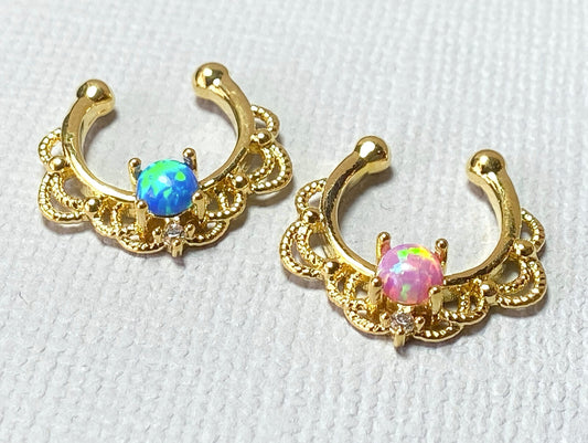 1pc NON-Pierced 14k Gold Plated Lacey Single Opal Septum Fake Clip-on Nose Ring