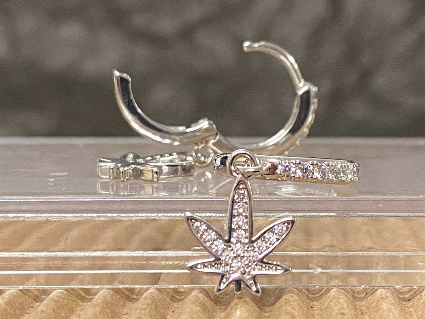 PAIR of CZ Gem Paved Pot Leaf Hinged Hoop Earrings Huggies 18g