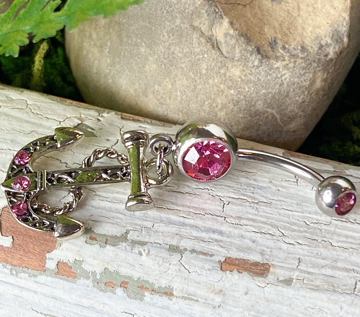 Anchor Dangle Belly Ring Pierced Navel Ship Nautical CZ Gem Clear, Pink, Aqua