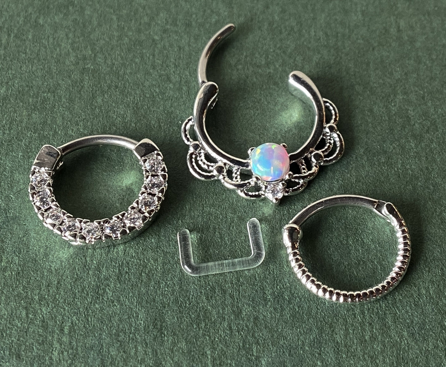 3pc Value Pack: 16g Opal / CZ Gem / Rope Septum Clicker Rings, w/free Retainer!