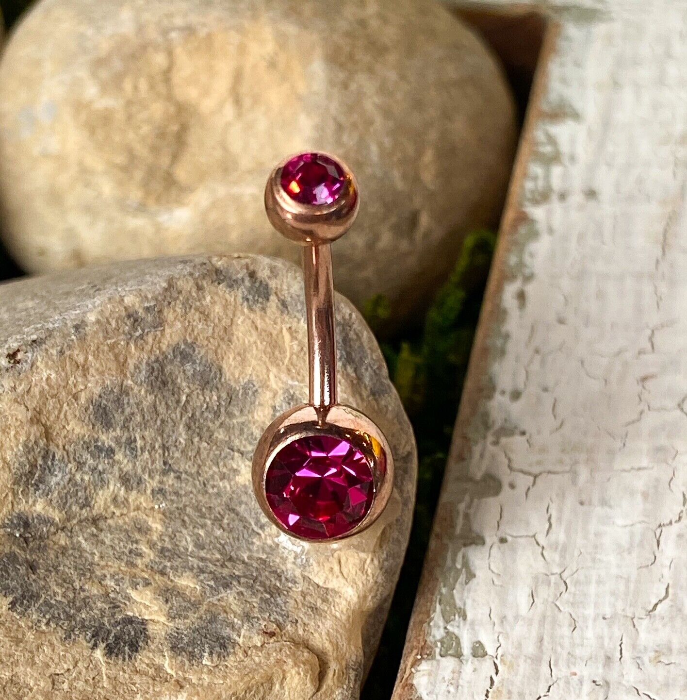 Rose Gold Plated Steel Double CZ Gem Ball Belly Ring Pierced Navel Naval
