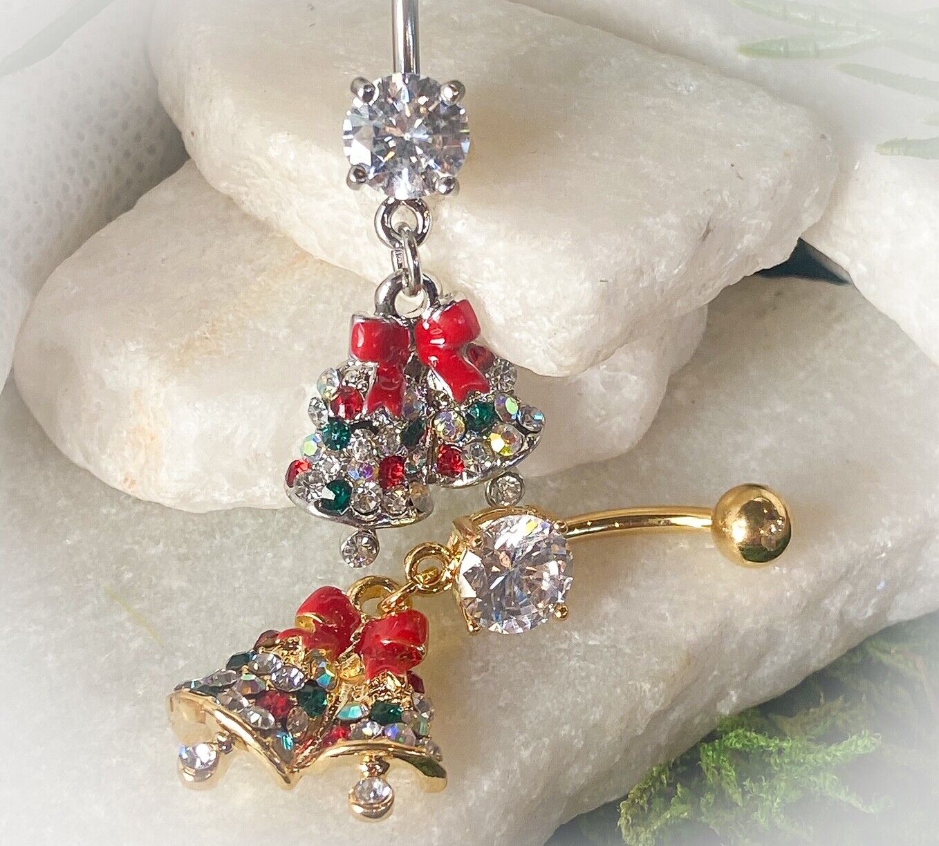 Christmas Dangle Belly Ring Pierced Navel Holiday Surgical Steel 14k Gold IP