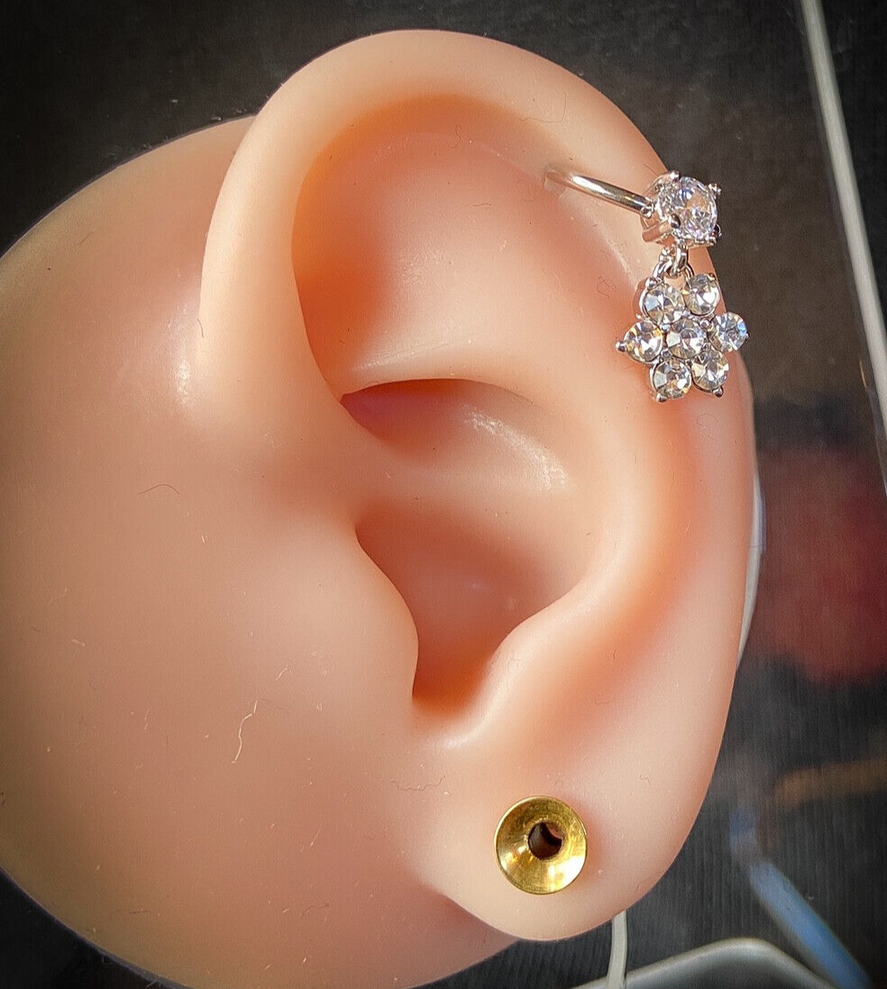 Steel Gemmed Captive Bead Ring w/ Gem Paved Flower Dangle Tragus Cartilage Helix