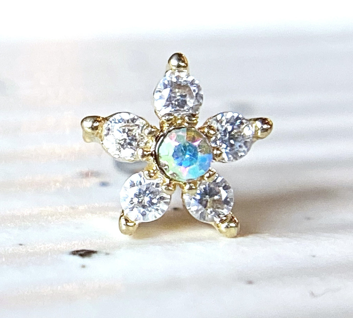 1pc Six CZ Gem Paved Flower Top 20g L-Bend Nose Ring Stud Screw Surgical Steel