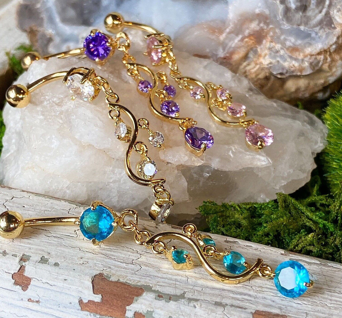 14kt Gold Plated CZ Gem Vine Dangle Belly Ring Navel Piercing Pierced Naval
