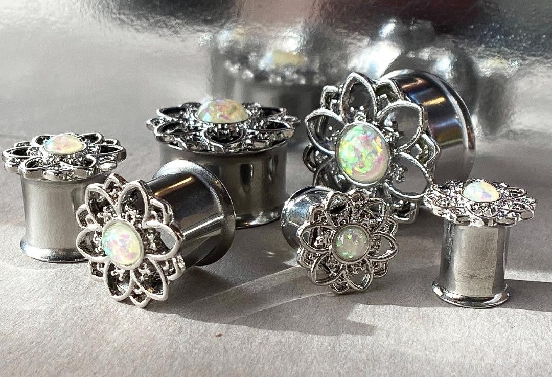 PAIR Flower w/ Opal Center Double Flare Steel Tunnels Plugs Gauges Body Jewelry