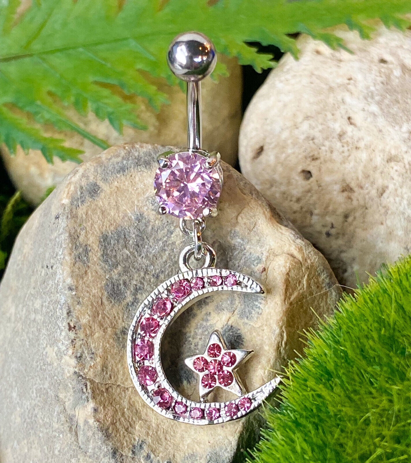 Moon Star Dangle Paved CZ Gem Belly Ring Pierced Navel Naval 14g