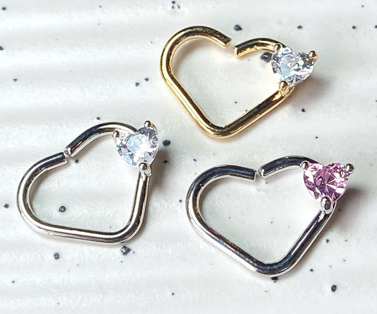 1pc Heart Bendable Ear Cartilage Daith Hoop Ring w/ Prong Set CZ Gem Heart